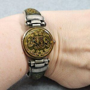 Vintage appear Womens Hinged Cuff Bangle Watch With Elephant Enamel Design